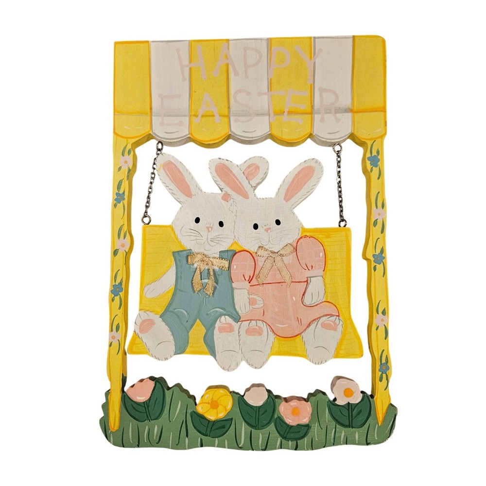 Vintage Happy Easter Wooden‎ Bunny Swing Decor Sign yellow pink studio 11 unique